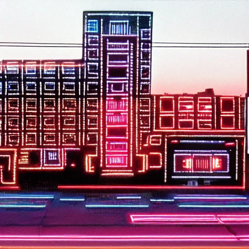 Image similar to cybernetic neon lit ndebele homestead seen from the front, street scene in blade runner