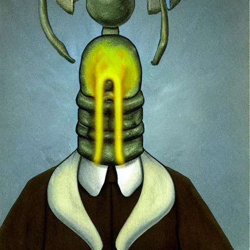 Prompt: squidward as a dark souls boss by René Magritte