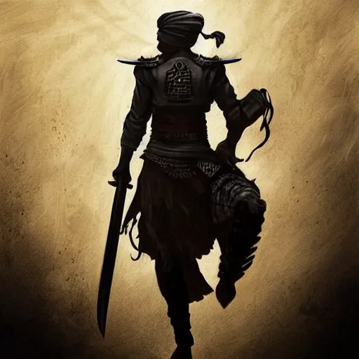 Prompt: an illustration for a new video game, by square enix, about a hero who fights for his nation, very realistic details and details, wearing a turban and also riding a black horse, while carrying a large sword, his clothes are very patterned desert, and also symmetrical, perfect shape and line, this illustration is drawn by yoshitaka amano