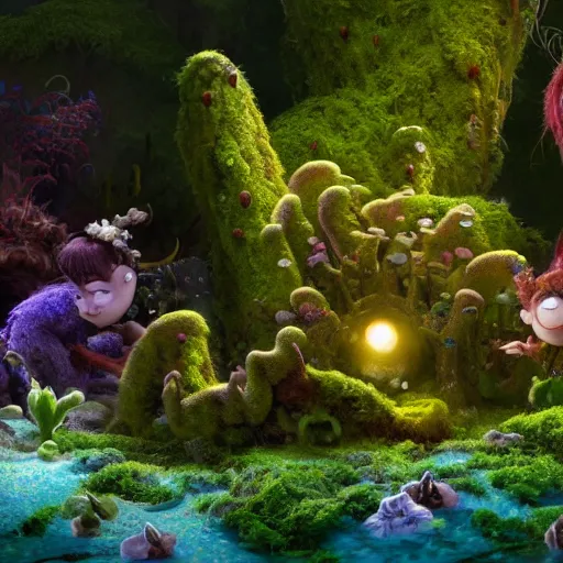 Prompt: tiny satyr, moss, floating, rbc, radiolaria, protophyta, micro - organisms, center frame, symmetric, rim light, marine microbiology, underwater, bioluminescence, electric, soft, concept art, intricate details, highly detailed, colorful, photorealistic, disney pixar, octane render, iridescent