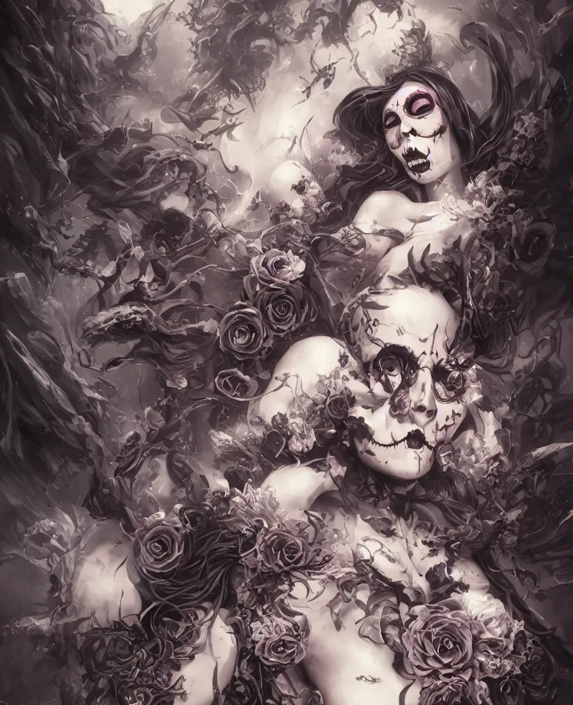 Image similar to a chaotic goddess of death skull black rose s day of the dead atmospheric, dramatic, concept art by a professional manga illustrator, Stanley Artgerm Lau, WLOP, Rossdraws, James Jean, Andrei Riabovitchev, Marc Simonetti, and Sakimichan hyperrealist, cinema4D, 8k highly detailed ❤️‍🔥 🔥 💀 🤖 🚀