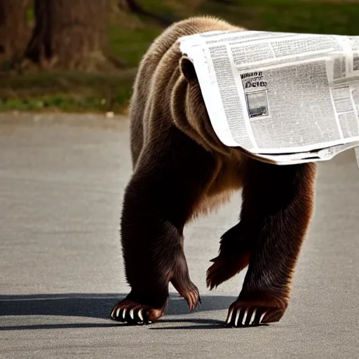 Image similar to brown bear walking on two legs holding an evil newspaper