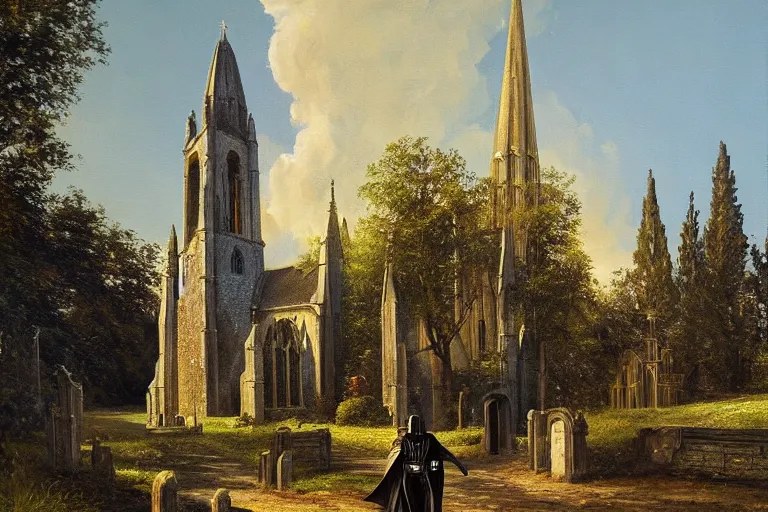 Prompt: a detailed oil painting of darth vader leaving a quaint medieval flint church, english, churchyard, trees, golden hour, lead - covered spire, isometric