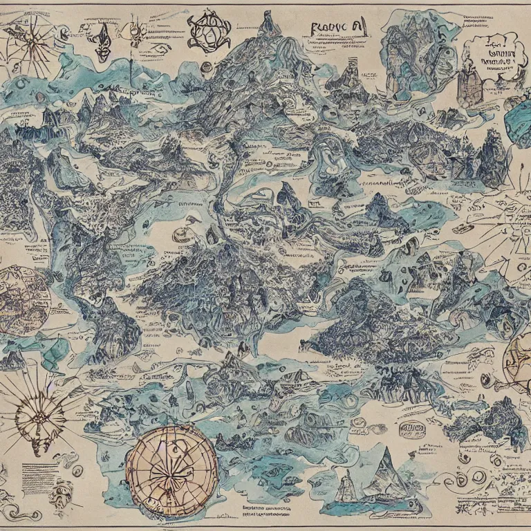 Image similar to imaginary map of a fantacy world, drawing of different elements in the lands, different realms, blueprint, infographic, on paper, natural colors, vintage, with notes, highly detailed, trending on artstation, beautiful