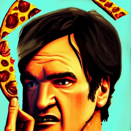 Image similar to pulp portrait colorful of quentin tarantino eating a slice of pizza, illustration, artstation