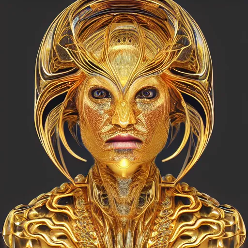 Image similar to a beautiful symmetrical face made of golden ornaments by alex gray and android jones , Karol Bak, Ayami Kojima, Amano , 3D, 8k resolution