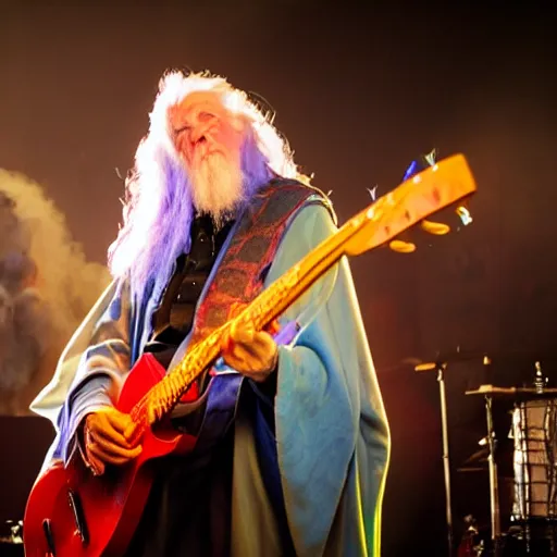 Prompt: gandalf playing in a funk band, fog machine, colored spotlights