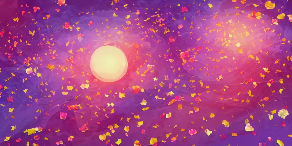 Prompt: background art of spaciously scattered flower petals flowing and flowing through the air from left to right on a simple sunset background, large individual rose petals, angular background elements, polygonal fragments, anime, artgerm, manga, trending on artstation, art nouveau, mature color scheme