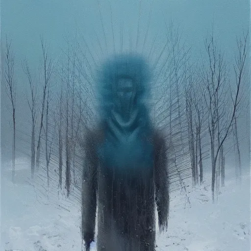 Image similar to a painting of a person standing in the snow, a surrealist painting by zdzisław beksinski and by alena aenami, deviantart, nuclear art, dystopian art, apocalypse landscape, surrealist