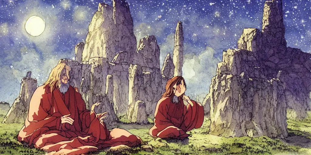 Prompt: a hyperrealist studio ghibli watercolor fantasy concept art of a giant long haired medieval monk in lotus position in stonehenge with a starry sky in the background. a giant alien starship from independence day ( 1 9 9 6 ) is floating in the air. by rebecca guay, michael kaluta, charles vess