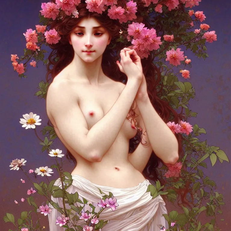 Image similar to a wonderful goddess with a body of beautiful flowers, intricate, elegant, highly detailed, wonderful eyes, cute, digital painting, artstation, concept art, smooth, clear focus, illustration, art by artgerm and greg rutkowski, alphonse mucha and william - adolphe bouguereau