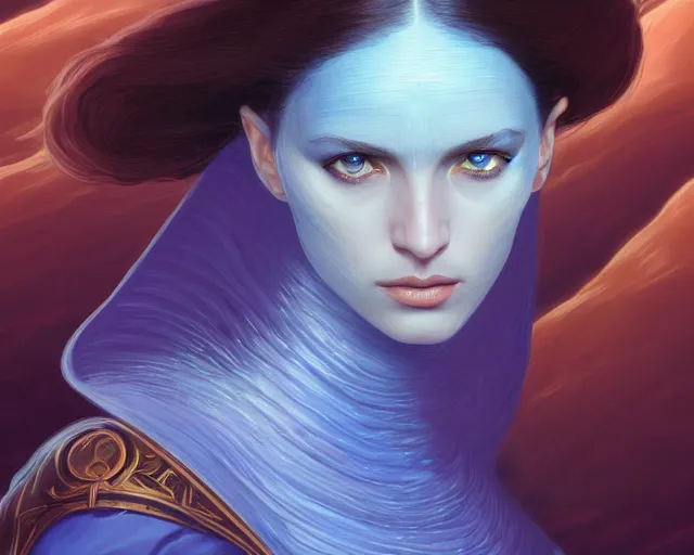 Image similar to photography of alia atreides of the knife, completely blue eyes, deep focus, dune, science fiction, intricate, elegant, highly detailed, digital painting, artstation, concept art, matte, sharp focus, illustration, hearthstone, art by artgerm and greg rutkowski and alphonse mucha