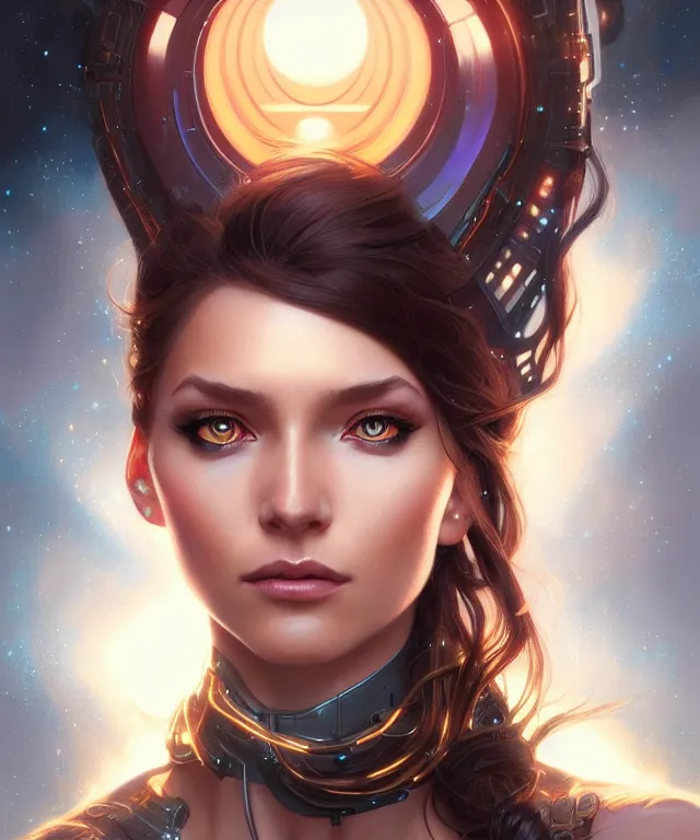 Image similar to futuristic woman portrait, sci-fi, amber eyes, face, long hair, fantasy, intricate, elegant, highly detailed, digital painting, artstation, concept art, smooth, sharp focus, illustration, art by artgerm and greg rutkowski and alphonse mucha