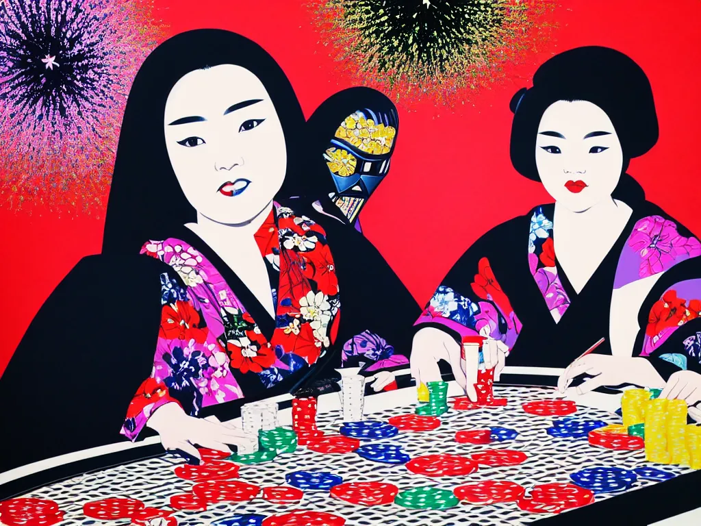 Image similar to hyperrealistic composition of the detailed woman in a japanese kimono sitting at a poker table with darth vader, fireworks, beautiful mountain in the background, pop - art style, jacky tsai style, andy warhol style, acrylic on canvas