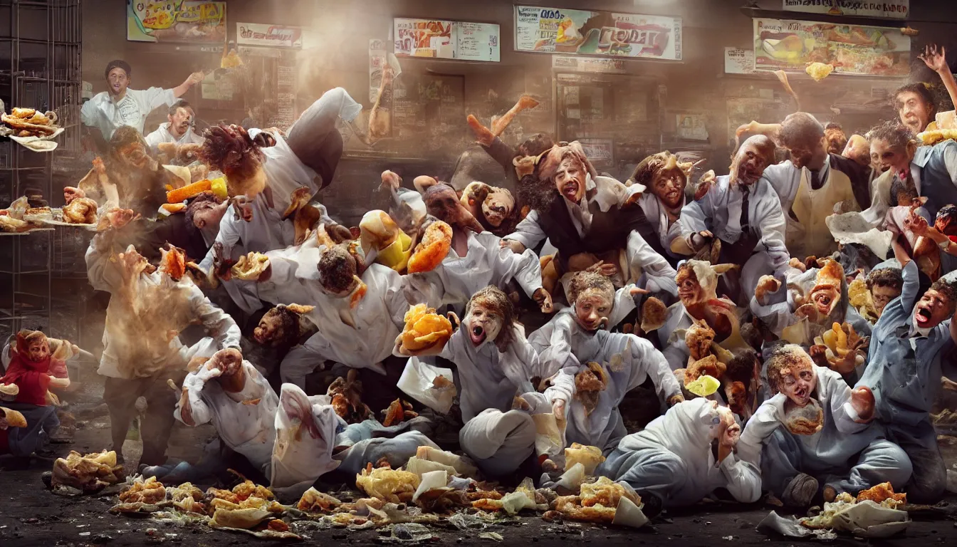 Image similar to in a dirty fast food restaurant disheveled children in rags obese men in suits and old people fighting over piles half eaten rotting fast food, money thrown and floats in the air, hyper realistic photo, full colour, upscale, 8 k, masterpiece,
