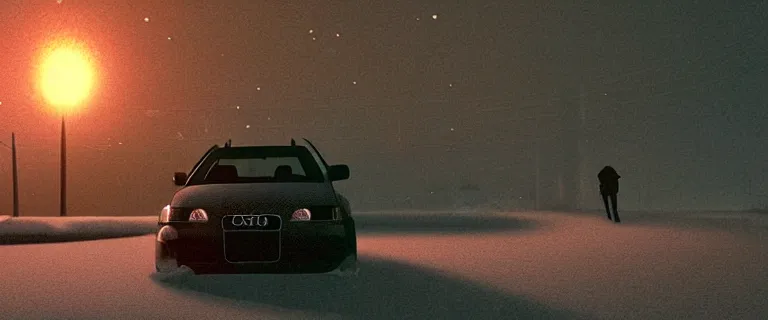 Image similar to Audi A4 B6 Avant (2002), a gritty neo-noir, dramatic lighting, cinematic, eerie person silhouette, death, homicide, homicide in the snow, gunshots, establishing shot, extremely high detail, photorealistic, cinematic lighting, artstation, by simon stalenhag, Max Payne (PC) (2001) winter new york at night, Max Payne 2 graphic novel style, flashing lights, Poets of the Fall - Late Goodbye