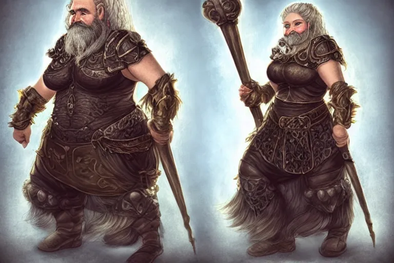 Prompt: tripticg of elderly female feminine bearded dwarven heavyset fighter with curly long grey hairstyle, her full beard is long and plaited style, she has wrinkled skin and is wearing full black platemail armor with intricate slight gold trim by rossdraws, triptych format