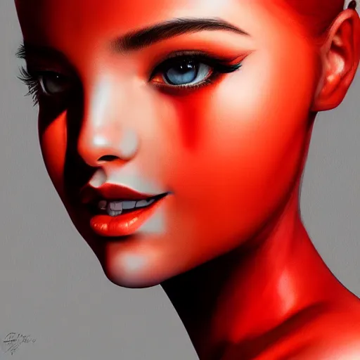 Image similar to by artgerm deep red, body paint joyful. a computer art of a young woman holding an orange