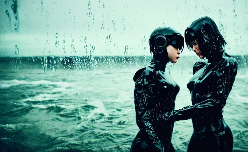 Image similar to cinestill 5 0 d candid action photographic portrait by quentin tarantino of two loving female androids wearing rugged black mesh techwear in treacherous waters, extreme closeup, modern cyberpunk retrofuturism moody emotional cinematic, pouring iridescent rain, 8 k, hd, high resolution, 3 5 mm, f / 3 2, motion blur, ultra realistic faces, ex machina