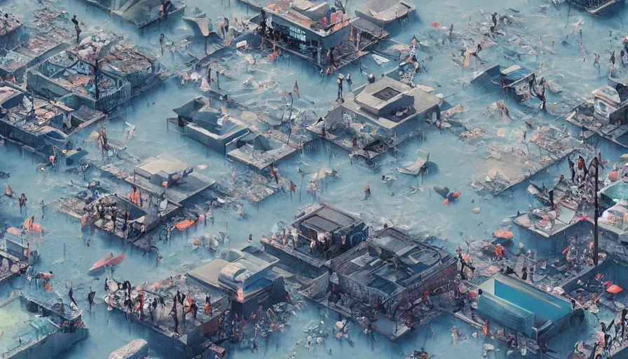 Image similar to people in a rooftop watching their city underwater after a tsunami, hyperdetailed, artstation, cgsociety, 8 k