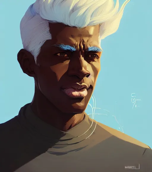 Image similar to portrait of a man, dark skin, white hair by atey ghailan, by greg rutkowski, by greg tocchini, by james gilleard, by joe fenton, by kaethe butcher, dynamic lighting, gradient light blue, brown, blonde cream and white color scheme, grunge aesthetic