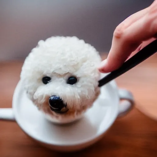 Image similar to a closeup photorealistic photograph of barista drawing bichon frise shaped latte art in a cup. professional capture, well lit shot. this 4 k hd image is trending on artstation, featured on behance, well - rendered, extra crisp, features intricate detail, epic composition and the style of unreal engine.