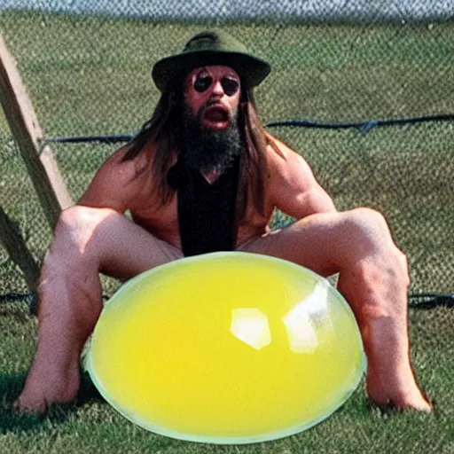 Image similar to randy savage trapped in a giant hamster ball