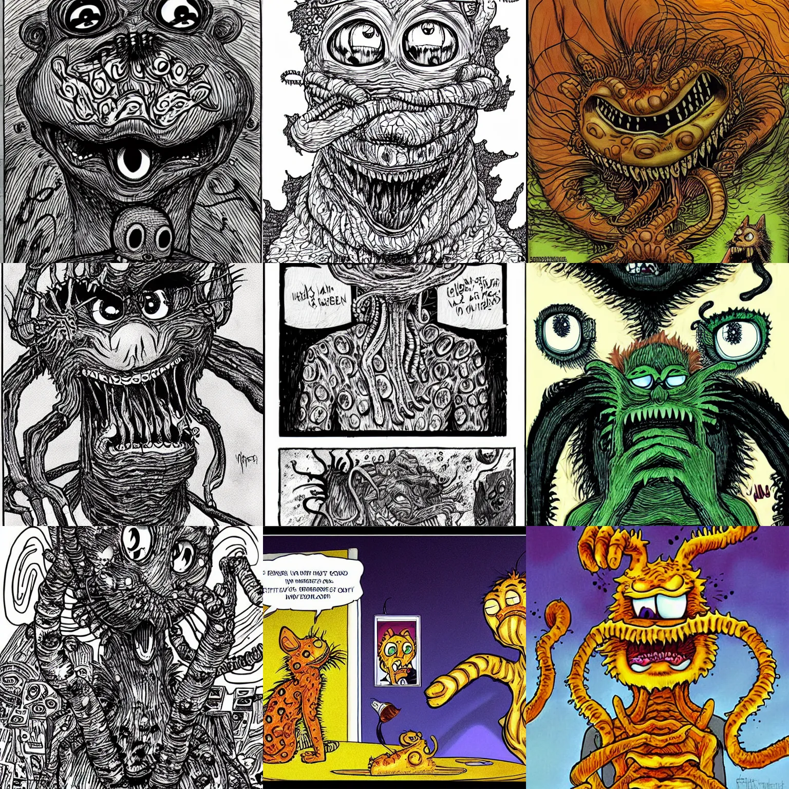 Prompt: eldritch abomination Garfield, illustrated by Junji Ito
