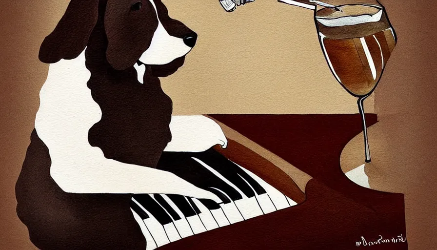 Image similar to brown and white sprocker , sat down playing a piano.at a bar. Martini on the side, illustration. Artwork.