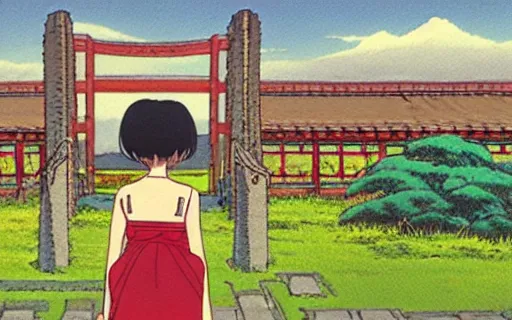Prompt: a girl looking in a massive city with ancient japanese architecture, wide shot from behind, art by hayao miyazaki, studio ghibli film, hi res, 4k