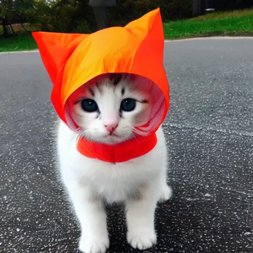 Image similar to a cute kitten wearing a raincoat