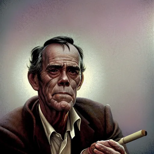 Image similar to a highly detailed epic cinematic concept art CG render digital painting artwork costume design: Henry Fonda as a 1950s tired disillusioned poet, barefoot, smoking a cigarette. volumetric lighting. By Greg Rutkowski, in the style of Francis Bacon and Syd Mead and Norman Rockwell and Beksinski, open ceiling, highly detailed, painted by Francis Bacon and Edward Hopper, painted by James Gilleard, surrealism, airbrush, Ilya Kuvshinov, WLOP, Stanley Artgerm, very coherent, triadic color scheme, realistic facial expression, art by Takato Yamamoto and James Jean