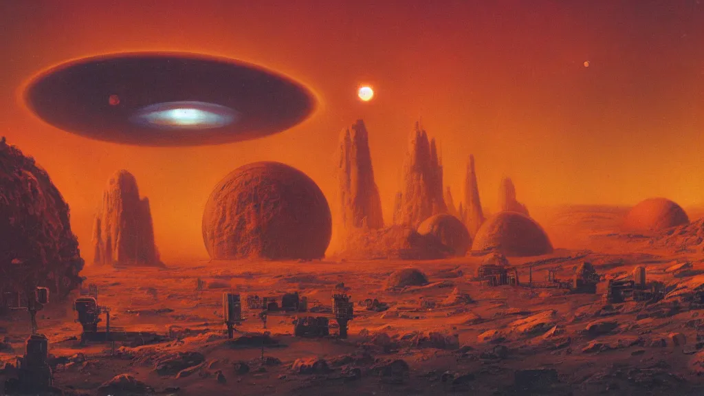 Image similar to mars colony by paul lehr and john schoenherr, cinematic matte painting