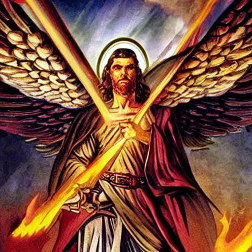 Prompt: biblically accurate angel, epic propaganda poster, holding a flaming sword above his head, strength, health, confidence, in the style of magic the gathering cart art, hypermasculine, ancient soldier, flying in the sky, triumphant pose,