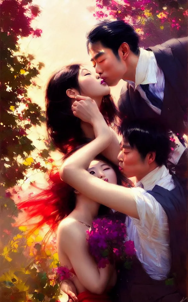 Prompt: photography of asian couples kissing each other, deep focus, volumetric light, colourful, sharp, detailed, digital painting by rolf armstrong, jeremy lipkin and michael garmash, rob rey and kentaro miura style, pinterest behance top picks