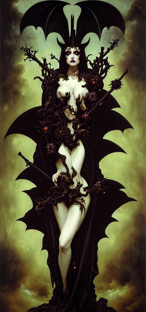 Prompt: baroque oil painting of vampire queen in gothic robes with bat wings, by nekro, peter mohrbacher, alphonse mucha, brian froud, yoshitaka amano, kim keever, victo ngai, james jean