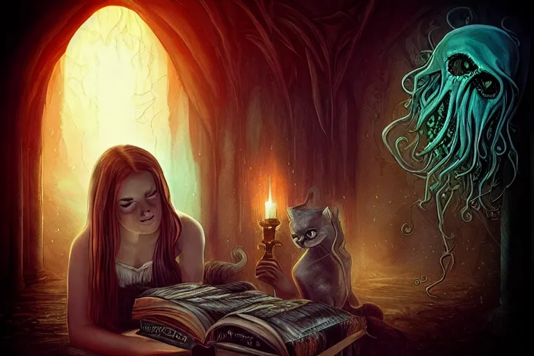 Image similar to romantic photo of bright girl, her cat and her book of necronomicon, symmetrical, cinematic, real dlsr photography, sharp focus, 4 k, ultra hd, sense of awe, sinister demonic atmosphere, dreadful, forbidden knowledge, old gods, cthulhu, yog - sothoth! yah, yah, yah! cultist journal cover