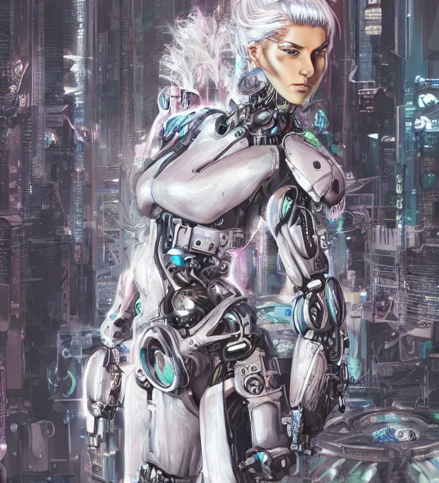 Image similar to highly detailed illustration of a cyberpunk girl with neon eyes and white hair , wearing future mecha, heroically battle posing, muscular, intricate, elegant, highly detailed, centered, digital painting, artstation, concept art, sharp focus, concept art, by Katsuya Terada