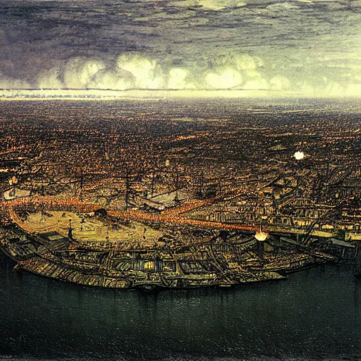 Prompt: an aerial view of future Tudor London by John Atkinson Grimshaw