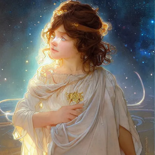 Prompt: a little girl with short wavy curly light brown hair and blue eyes, a space empress. beautiful highly detailed face, painting by artgerm and greg rutkowski and alphonse mucha.