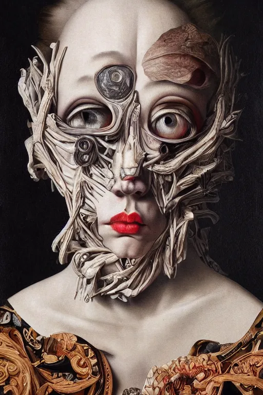 Image similar to Detailed maximalist portrait with large lips and with large, wide eyes, sad expression, HD mixed media, 3D collage, highly detailed and intricate, surreal anatomy, illustration in the style of Caravaggio, dark art, baroque