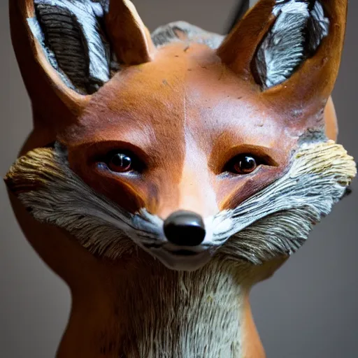 Image similar to a taxidermized fox with a human face, in a museum, 8 5 mm lens, 7 0 mm entrance pupil diameter