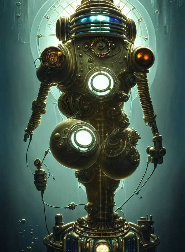 Image similar to symmetry!! portrait of a steampunk robot from bioshock, vintage, iridescent white metal!! underwater atmosphere, intricate, serene, highly detailed, digital painting, artstation, symmetric concept art, smooth, sharp focus, illustration, art by artgerm and greg rutkowski and alphonse mucha, 8 k