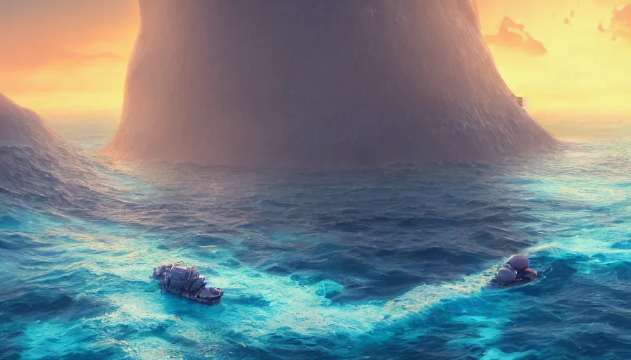 Prompt: A highly detailed matte painting of huge Minion in the ocean, by Studio Ghibli, Makoto Shinkai, by Artgerm, by beeple, volumetric lighting, octane render, 4K resolution, trending on artstation, masterpiece