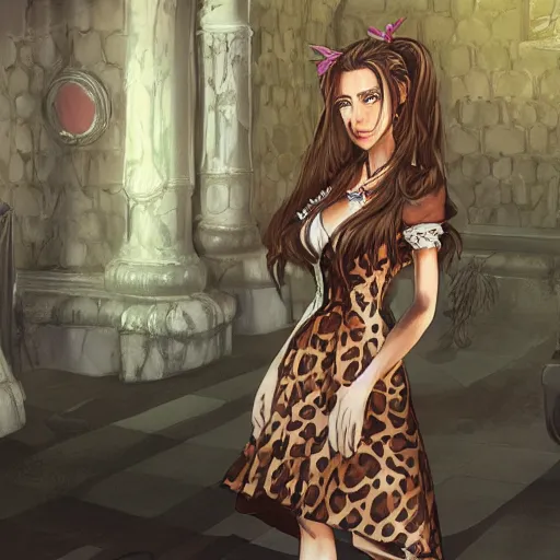 Image similar to concept art of aerith gainsborough in wall market leopard print dress, highly detailed, trending on artstation