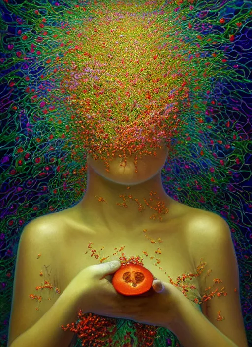 Image similar to hyper detailed 3d render like a Oil painting - Aurora (Singer) Eats of the Strangling Fruit of penance open eyes and Her Hands full of gossamer polyp blossoms bring iridescent fungal flowers whose spores black the foolish stars by Jacek Yerka, Mariusz Lewandowski, Houdini algorithmic generative render, Abstract brush strokes, Masterpiece, Edward Hopper and James Gilleard, Zdzislaw Beksinski, Mark Ryden, Wolfgang Lettl, hints of Yayoi Kasuma, octane render, 8k