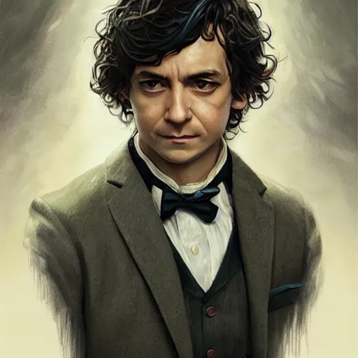 Image similar to masterpiece portrait of a hobbit gentleman in a tuxedo, Cinematic lightning, D&D, fantasy, highly detailed, digital painting, sharp focus, illustration, art by artgerm and greg rutkowski and magali villeneuve