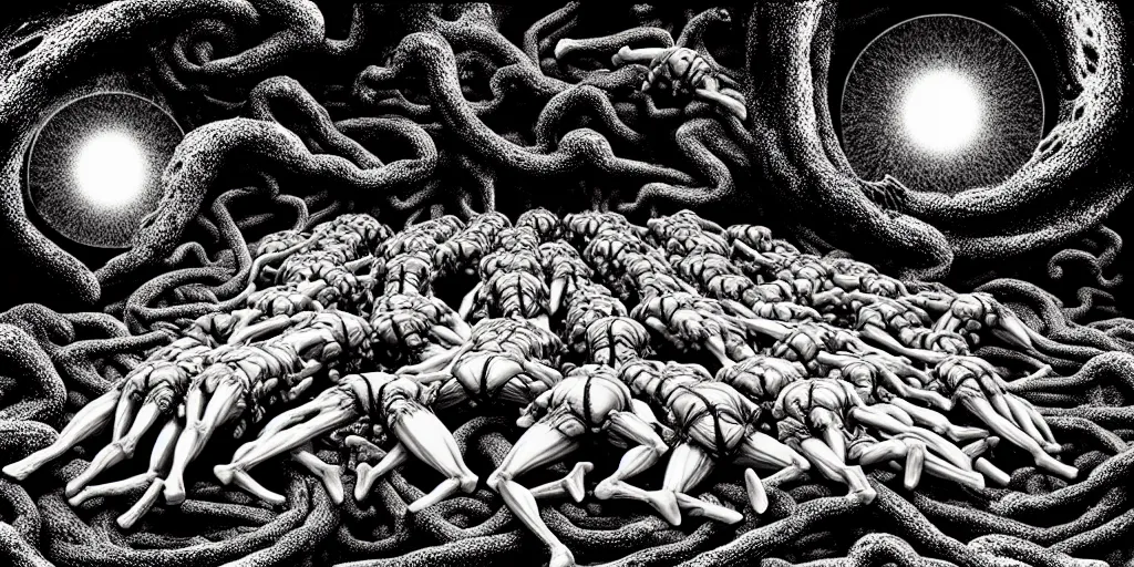 Image similar to “A pile of dead bodies in the shape of a planet, in the style of Kentaro Miura, Berserk, landscape, hyperdetailed, ultra quality, 4k, ultra details”