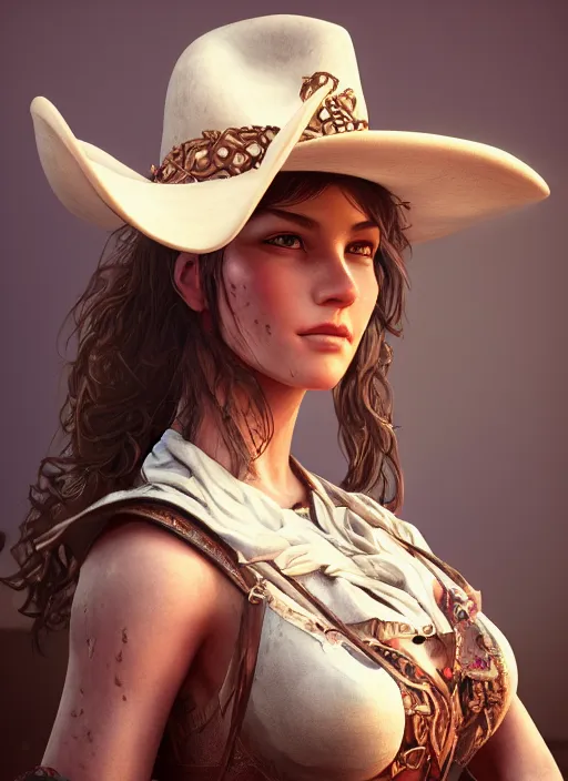 Image similar to detailed full body concept oil painting of a cowgirl, beautiful face, elegant pose, fantasy, illustration, insanely detailed and intricate clothing, octane render, 4k