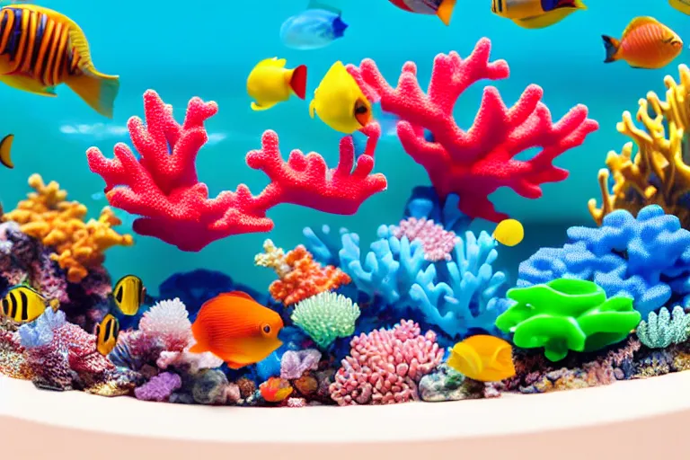 Image similar to fisher price coral reef, california scene from tv show hyper detailed 5 5 mm 8 5 mm, toy photography, made out of plastic